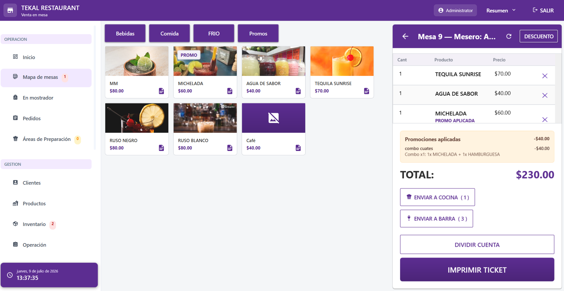 Vista real de TEKAL mostrando gestión de mesas, productos y cuenta activa en caja