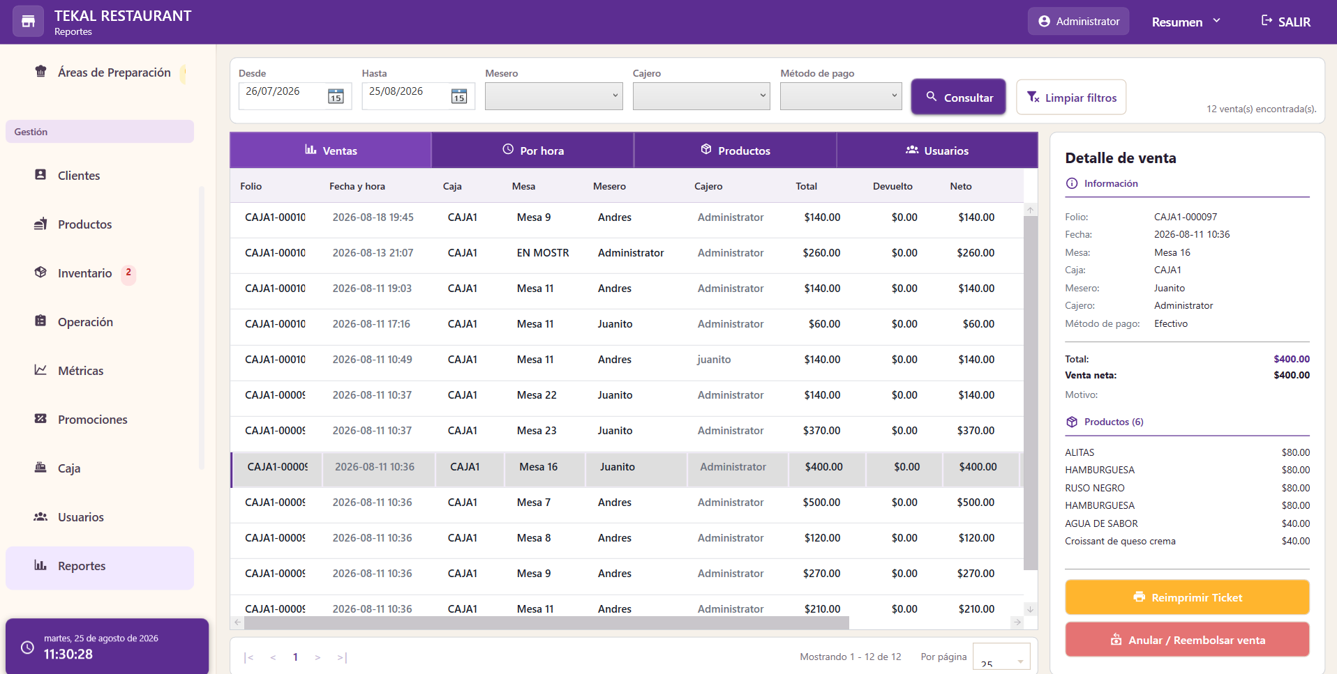 POS Web TEKAL: reportes de ventas y operación