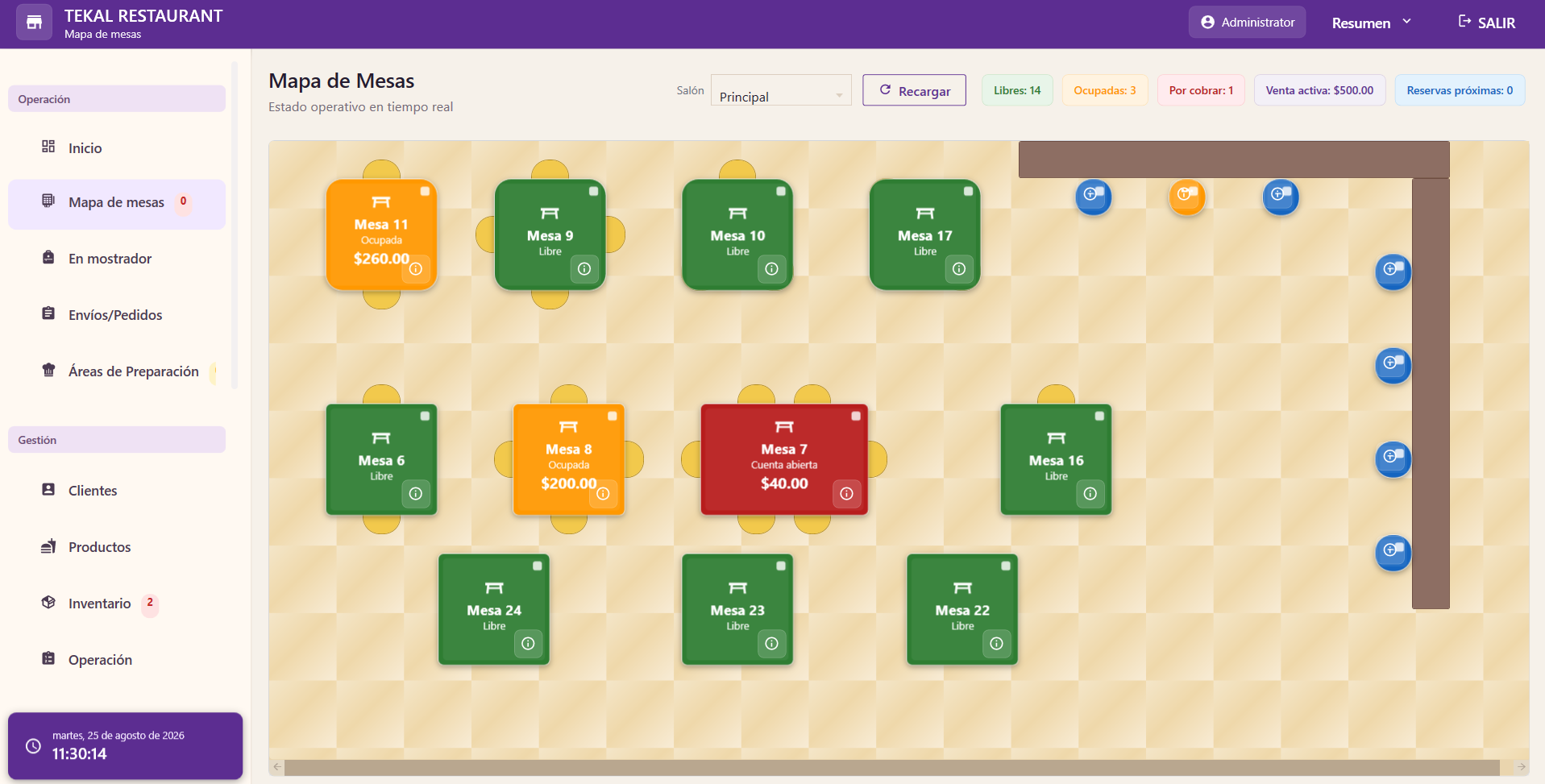 POS Web TEKAL: mapa de mesas y estado de las cuentas